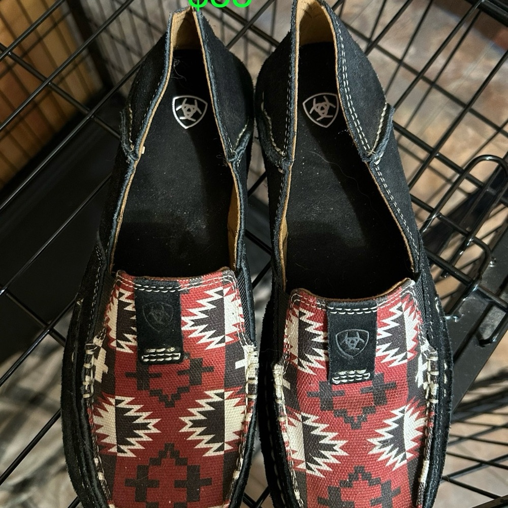 Ariat Black and Red Slip-On Loafers with Geometric Design